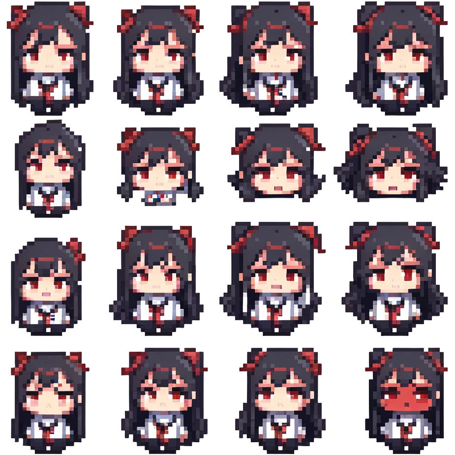chibi-style Enma Ai from Jigoku Shoujo with red eyes, long black hair, sailor uniform, cute anime emoticon expressions and reaction faces, white background, high resolution, 4x5 grid emoji