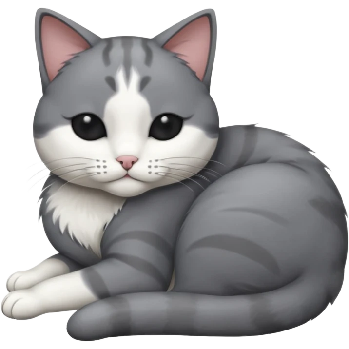 dark grey and white small cat with eyes closed, leaning his head on his paw while leaning on his elbow lying down emoji
