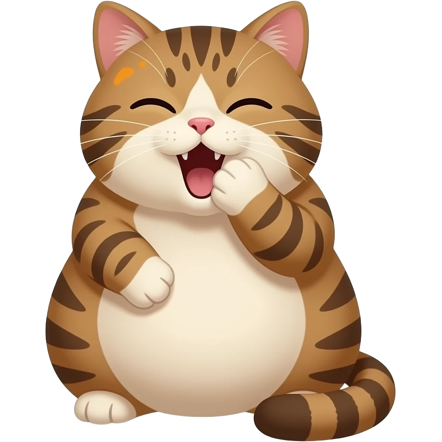 Fat Brown and cream color tabby cat with orange spot on forehead. Sleepy face yawning and covering mouth with ZZZ over head emoji