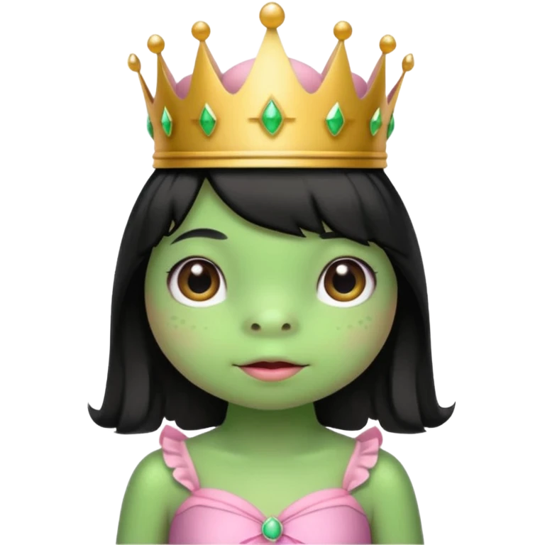 frog with black hair and short bangs with a crown pink bow and pink princess dress emoji