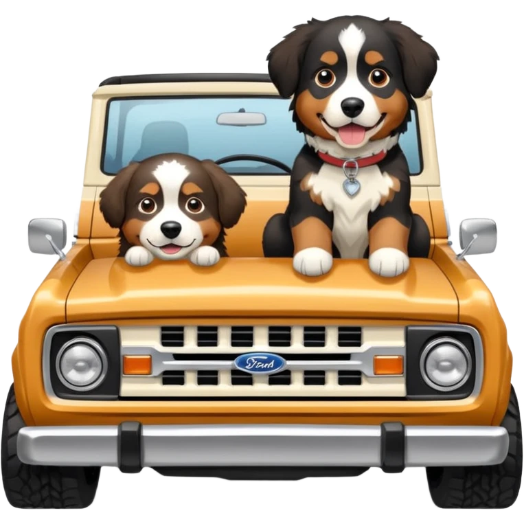 Cream colored ford bronco with no roof and Bernese mountain dog in the seat emoji