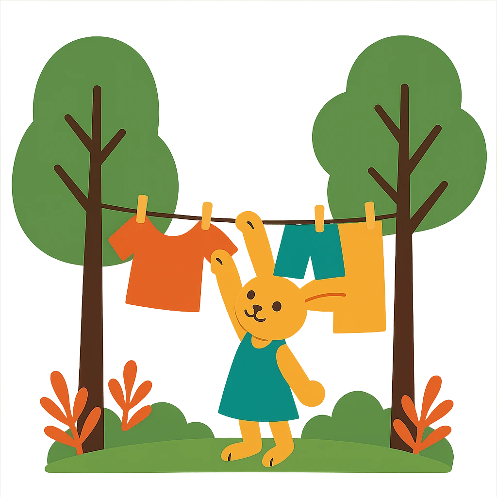 bunny hanging laundry between trees, calming domestic forest feel emoji
