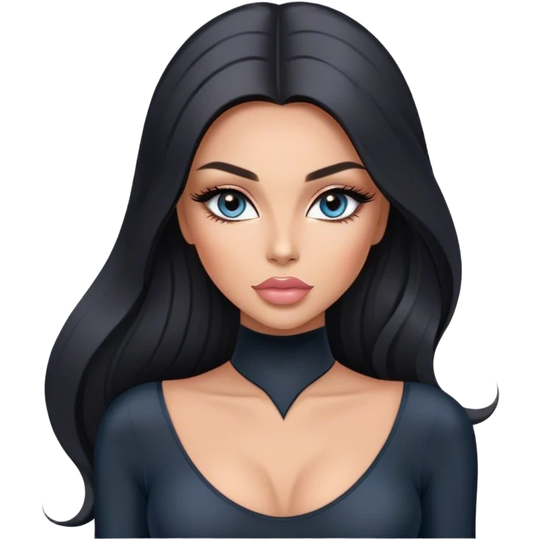 Glamours, tanned, very beautiful girl, with big pump peach-beige-rose lips, long long lashes, black straight smooth silky long hair, straight parting hair, blue-grey eyes in black long-sleeves bodysuit emoji