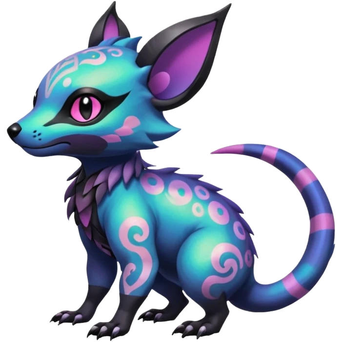 Rare neon iridescent white exotic cute epic aesthetic gothic colorful Salandit-Eevee-Civet-species-Fakemon-hybrid-creature, with intricate tattoo markings, full body emoji