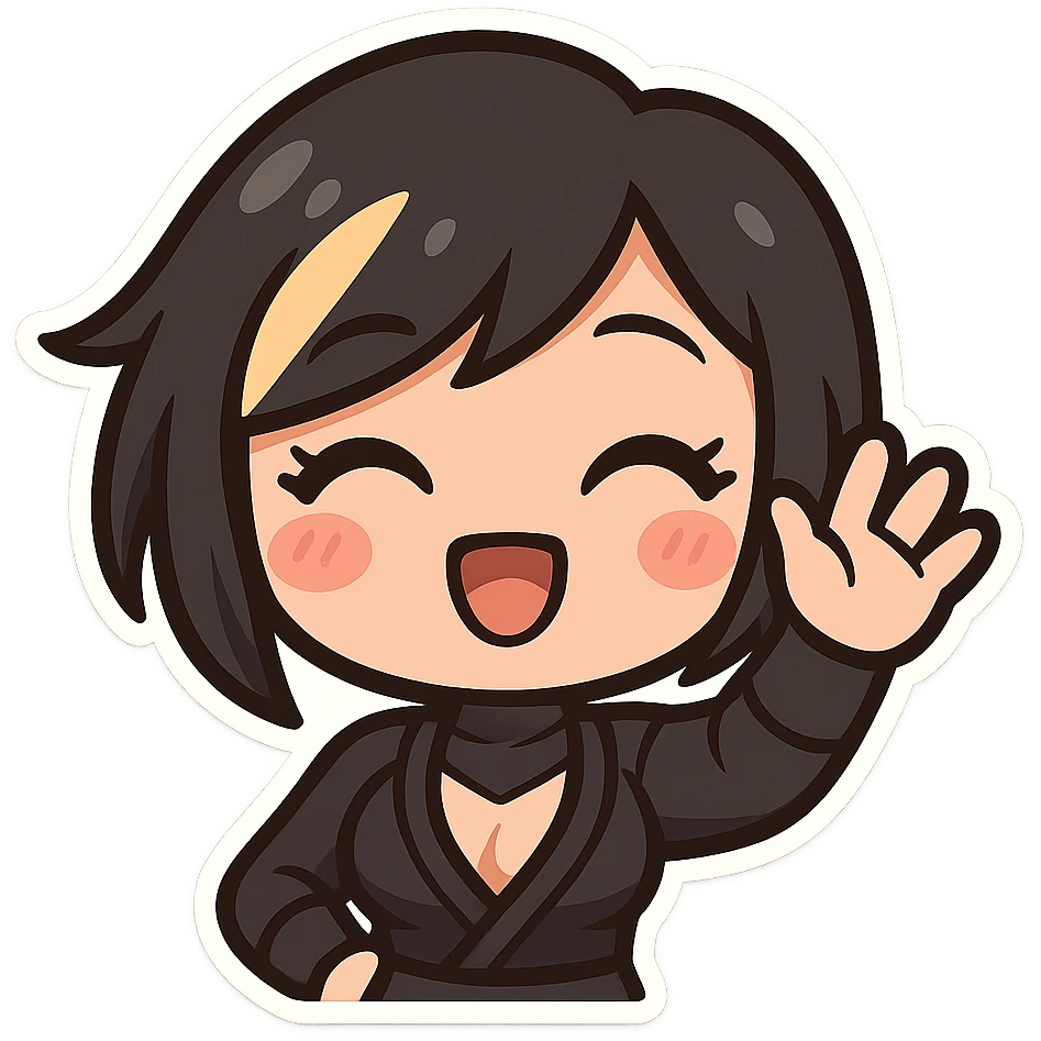 Super cute kawaii chibi style sexy ninja girl with black short hair and a blonde streak, only head and arms visible, big sparkling eyes, round face, soft colors, playful charm, bold outlines, transparent background, no mask, hand fully raised, waving, eyes closed in a happy expression, sized for Twitch emoji use. emoji
