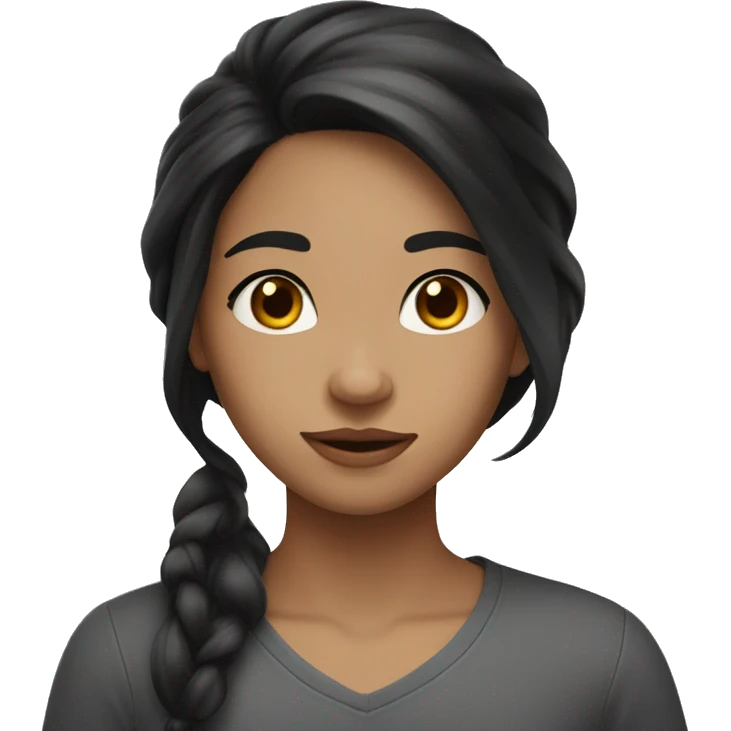 A girl with light skin, big shiny brown eyes and long black hair making a gentle movement with her face emoji