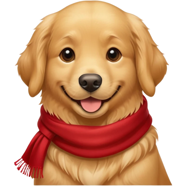A golden retriever with a red scarf around his neck, who smiles emoji