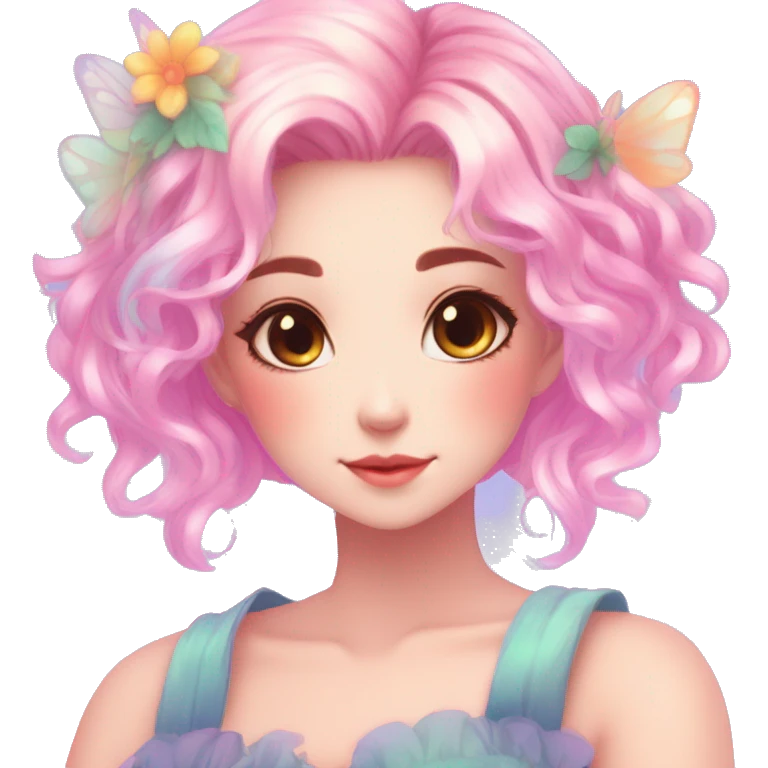 Gorgeous Beautiful Blushing Petite Colorful-Shiny-Pastel-Fairy-Soarkle-Anime-Lady with beautiful gradient pastel hair aesthetic emoji