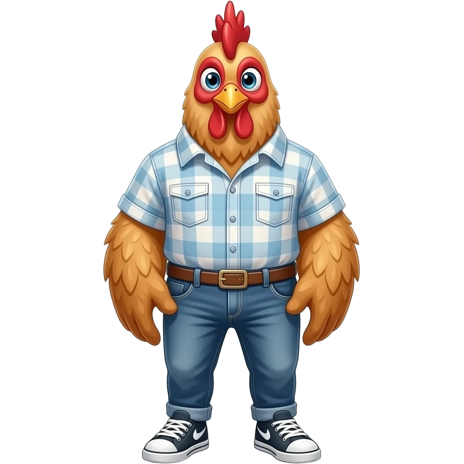 25 year old chicken stand straight wear shirt and jeans sneakers emoji