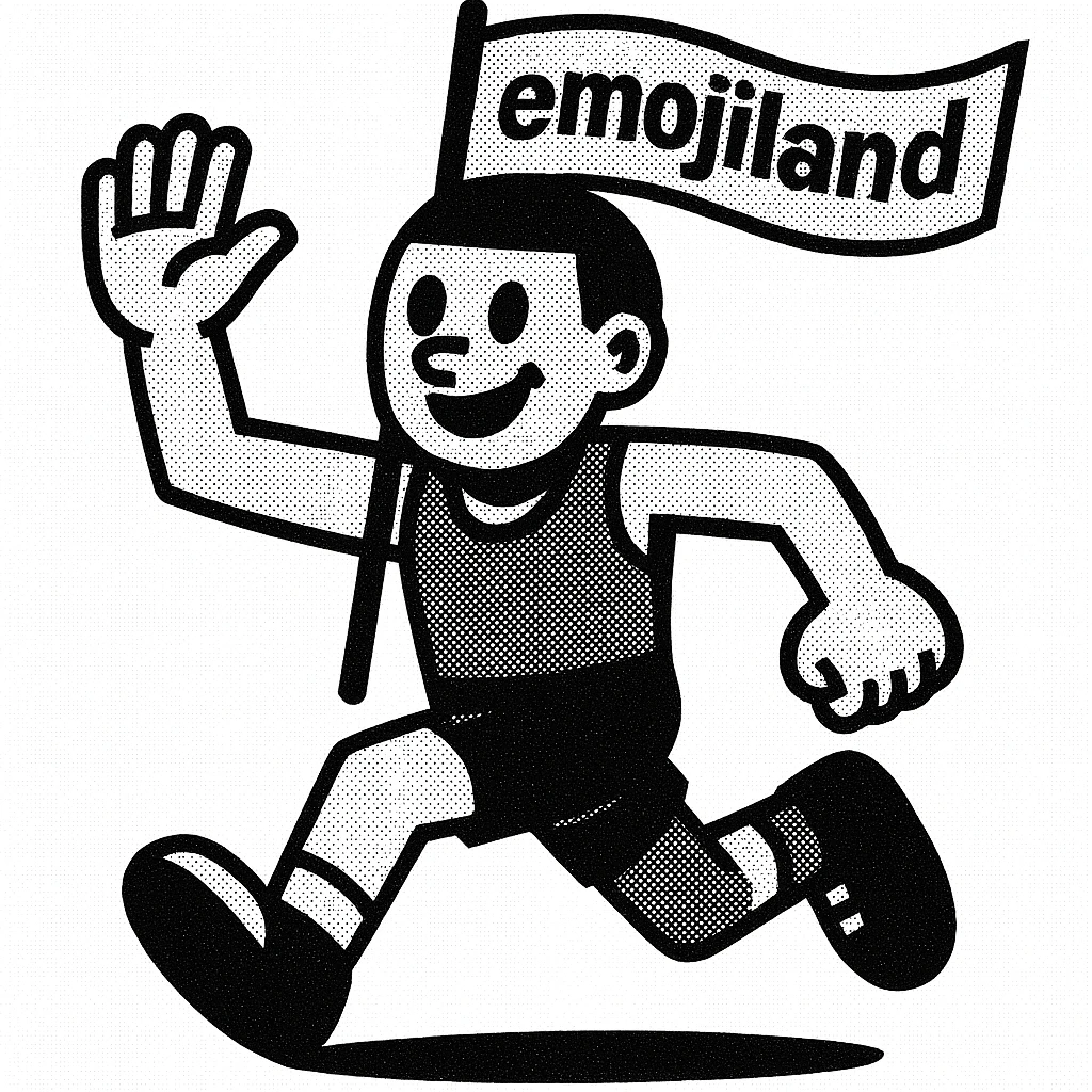 happy runner waving a flag that says 'emojiland' emoji