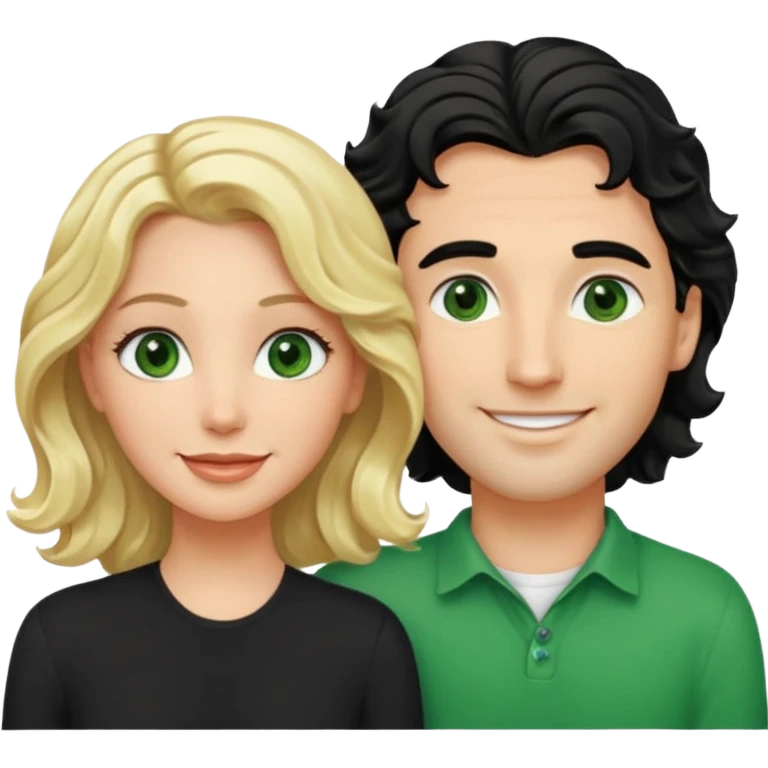 esposos, mujer rubia  y pelo semi tomado ondulado, hombre de pelo negro con un mechon blanco ondulado, atractivo de ojos verdes emoji