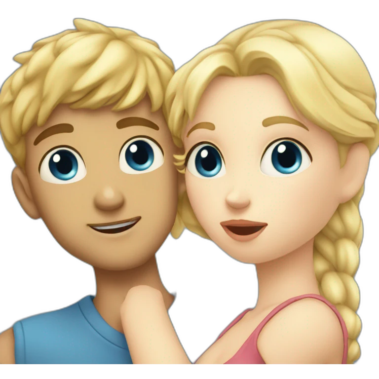 A blond boy with blue eyes who kisses a pretty blonde girl with blues eyes,  with a heart above their heads  emoji