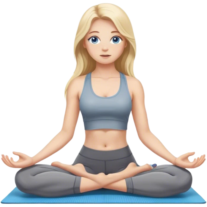 A cinematically realistic blonde with long hair and blue eyes, dressed in a gray tank top and leggings, does yoga on a mat emoji