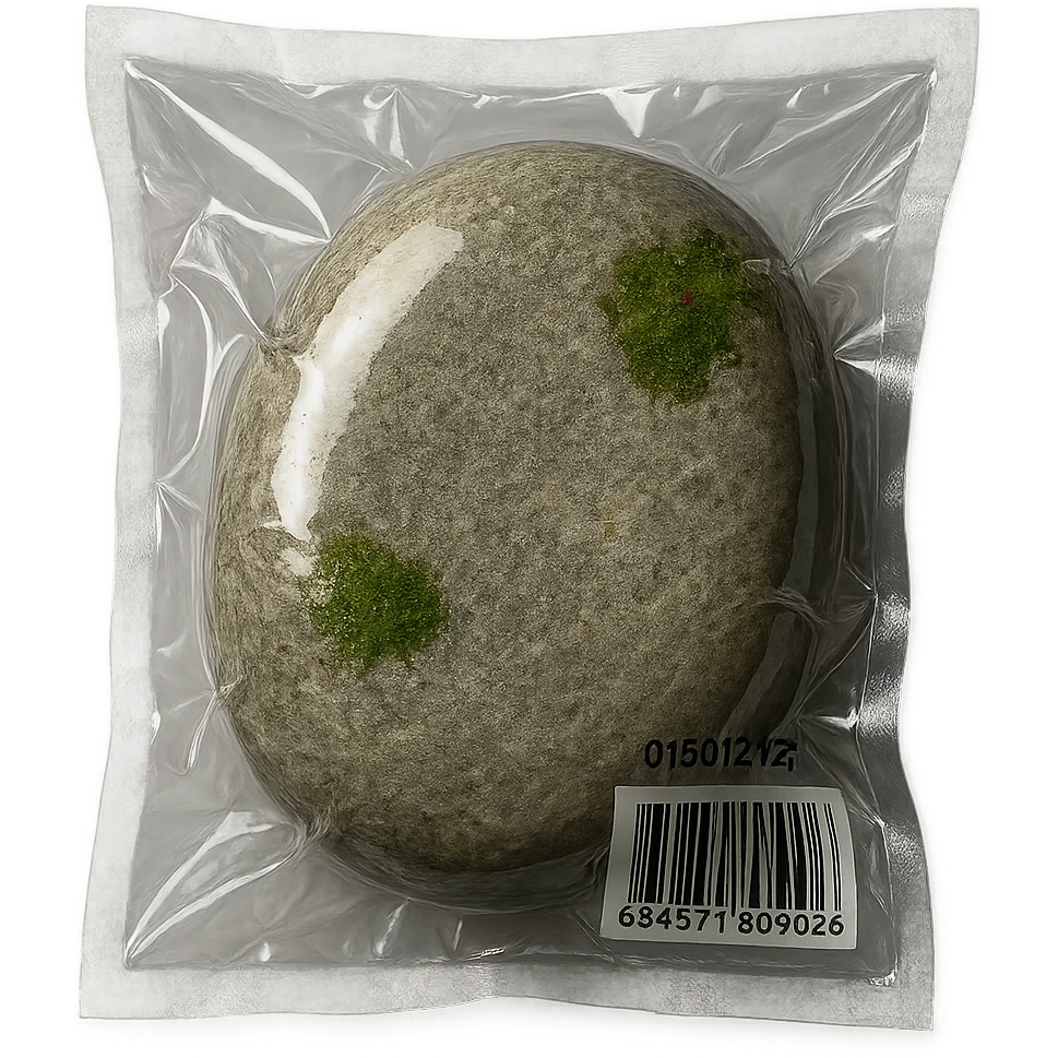 large smooth stone with a few moss spots, glossy emoji