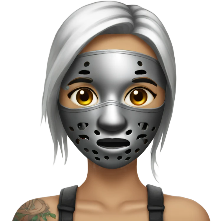 mysterious girl with tattoo wearing a metal face mask emoji