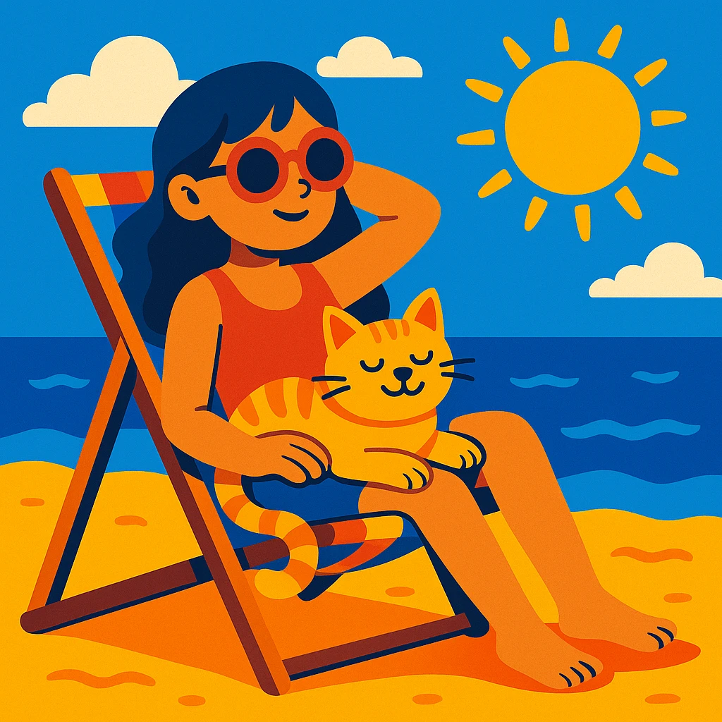 girl sitting in a beach chair with her cat, sunny summer day, vibrant toon style emoji