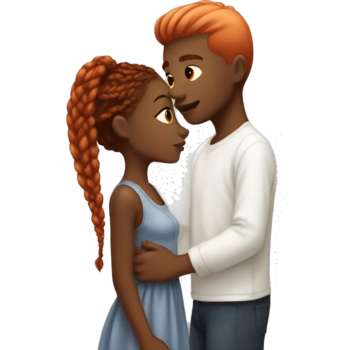 black girl with light brown braids kisses white boy with red hair emoji