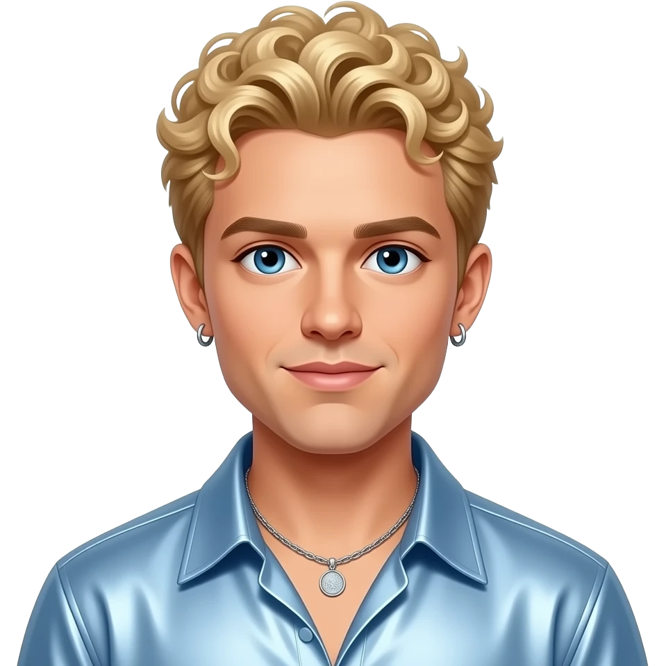 Justin Timberlake from NSYNC with blue eyes, blonde 90s curly top hair, baby blue metallic shirt, necklace and earrings emoji