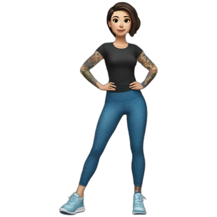Short brunette, leggings, blue walking shoes, tattoo sleeve emoji