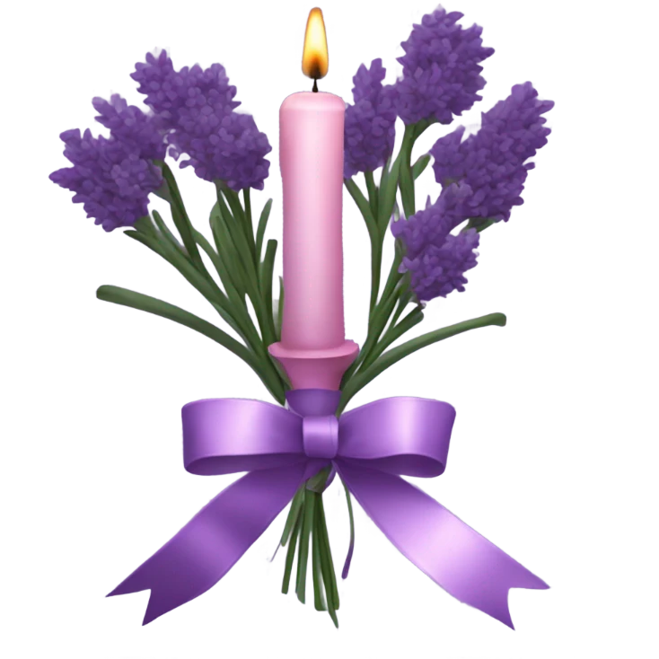 a beautiful aesthetic bouquet of dark purple and light pink lavender tied with a silk purple ribbon and next to it a pink decorative candle  emoji