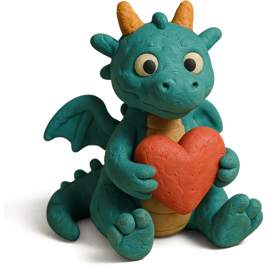 whimsical little dragon holding a heart emoji