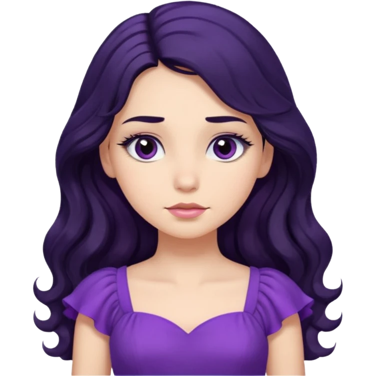 دخترکی با مو های بلند و مشکی موج دار مژه های بلند با لباس بنفش و حالت متفکر emoji