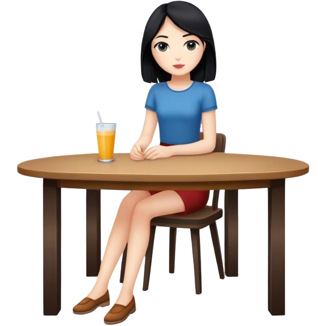 White girl full body sitting at table with black hair emoji