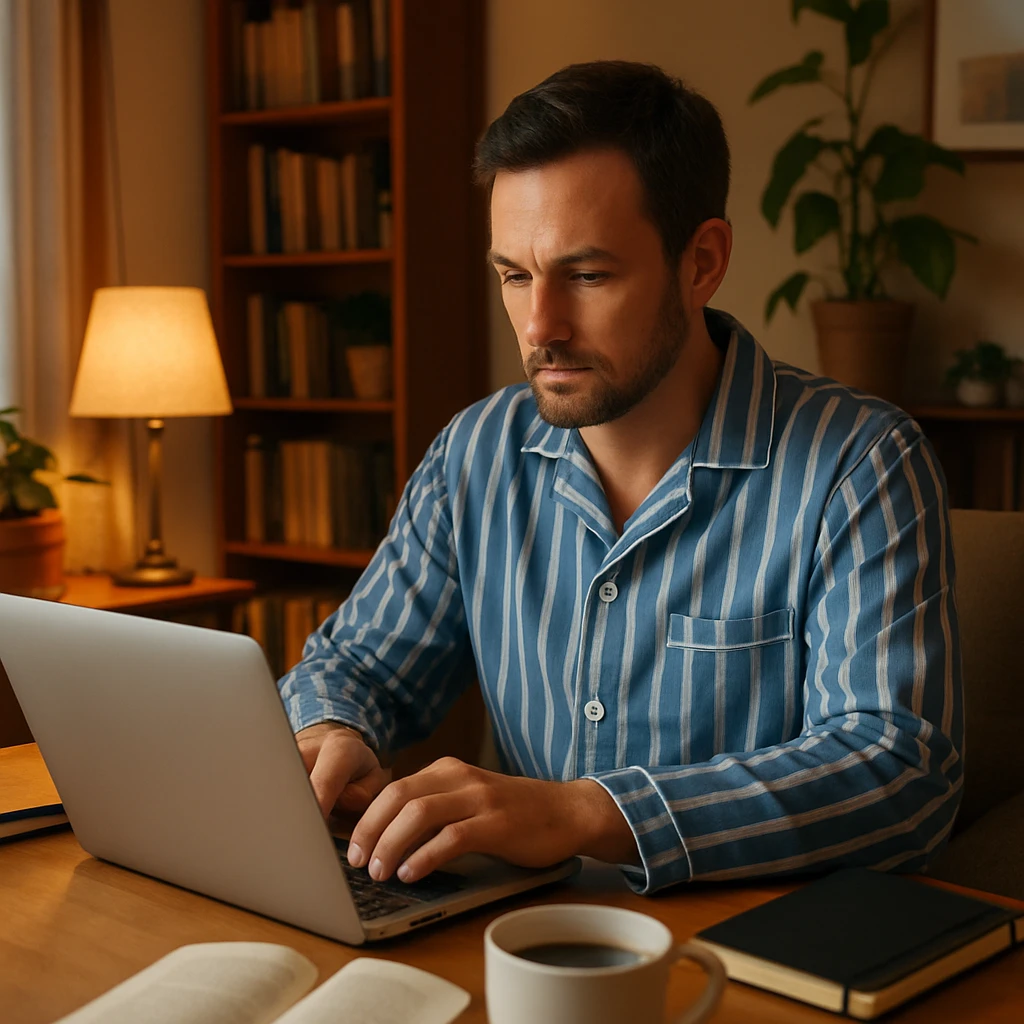 man in striped pajamas, focused on laptop, home office vibe, cozy and productive setting emoji