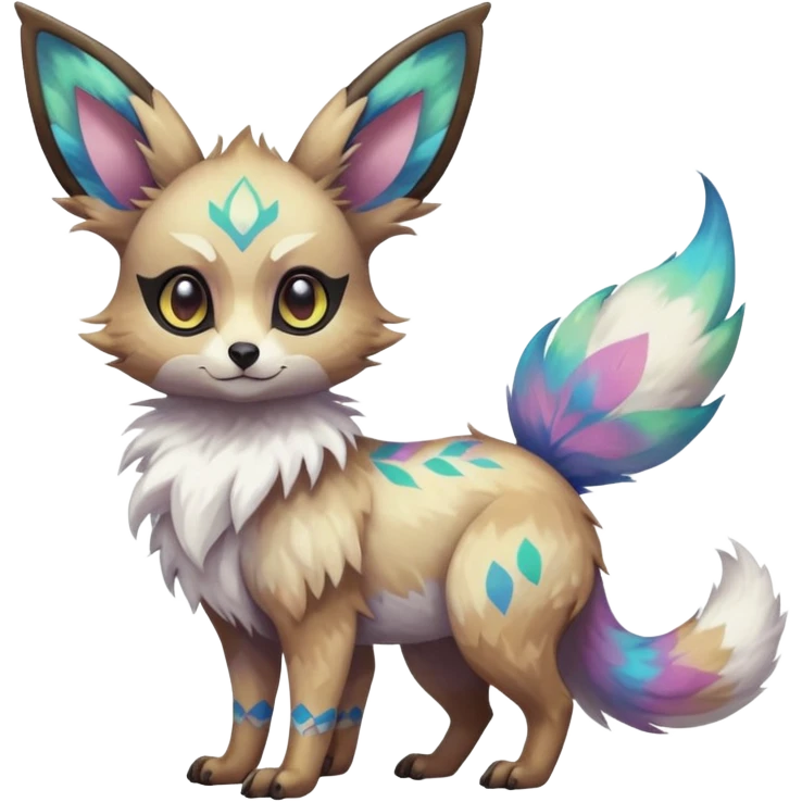 Rare iridescent white exotic epic aesthetic colorful Trico-Eevee-Genet-species-Fakemon-hybrid-creature, with intricate tattoo markings, full body emoji