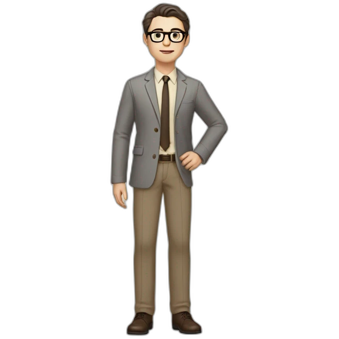 Full height Pale skinned Fit Man With dark brown hair in gray jacket, beige office shirt, tie, Brown pants and vintage glasses. Thrumbs of his palms directed up emoji