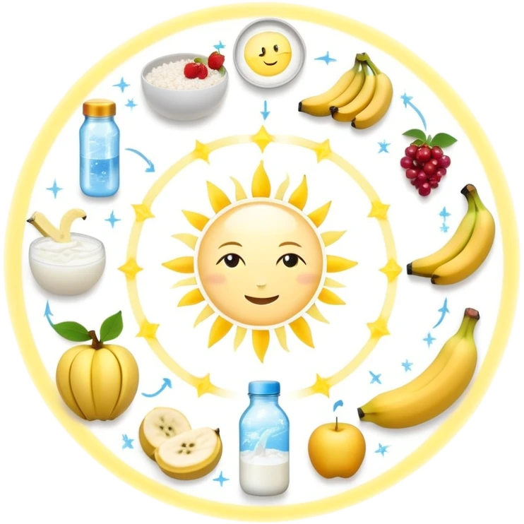 Magical fitness system: water bottle, sun, rice bowl, banana, dumbbell, yogurt, fruit, and moon arranged in a circular flow chart with ethereal glowing connections and sparkles, each item separate but part of one system emoji