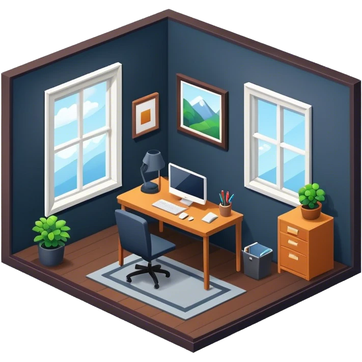 An isometric 3D room with two walls that meet at the back left and right and a Window. Dark Colors. Home Office emoji