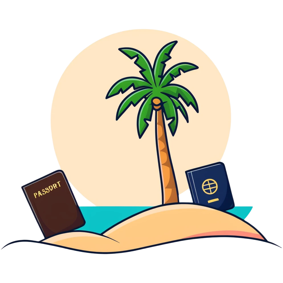Travel discount offer with palm tree, beach and passport emoji