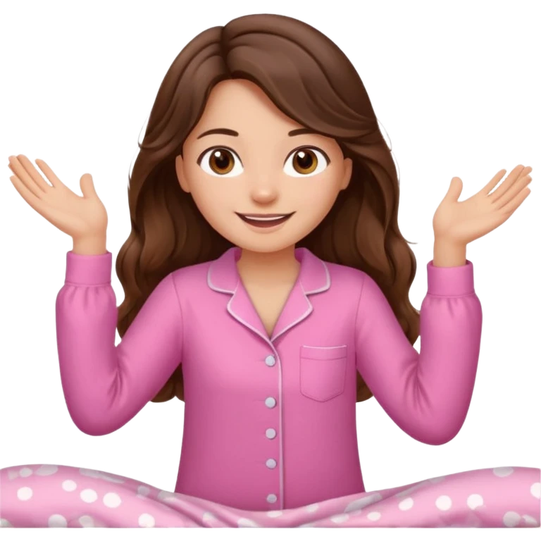 Brunette girl with long wavy brown hair with brown eyes and slapping on a withe bed with cute pink pjs emoji