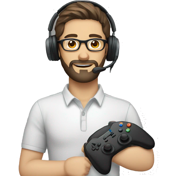 white male with dark brown beard and hair, glasses, and gaming headset emoji
