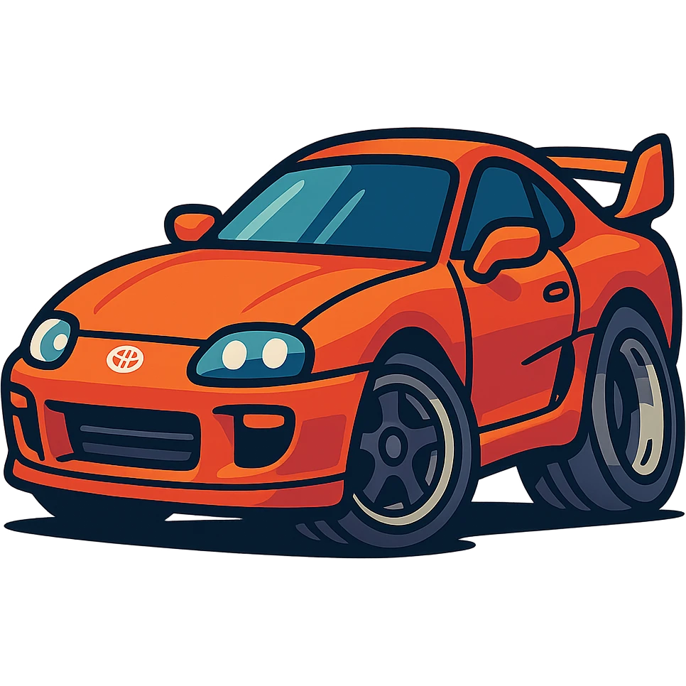 Toyota Supra MK4 three-quarter angle, playful energetic cartoon style, exaggerated wheels, sporty details emoji