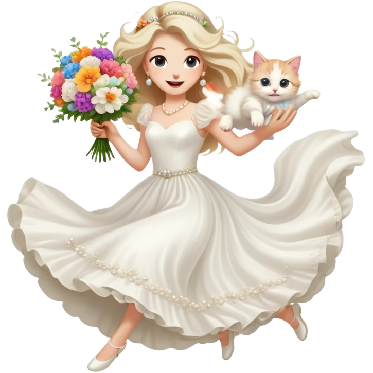 White woman - long hair - white wedding dress - holding a kitten - happy - jumping - fashionable - elegant - bouquet - dreamy - colorful - pearl accessories emoji
