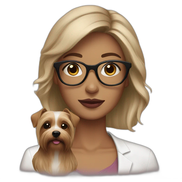 White woman, hair dark medium, pink lips, brown glasses, with dog yorkshire emoji