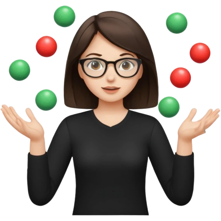 a brunette girl in a black shirt wearing glasses is  juggling  with two hands  emoji