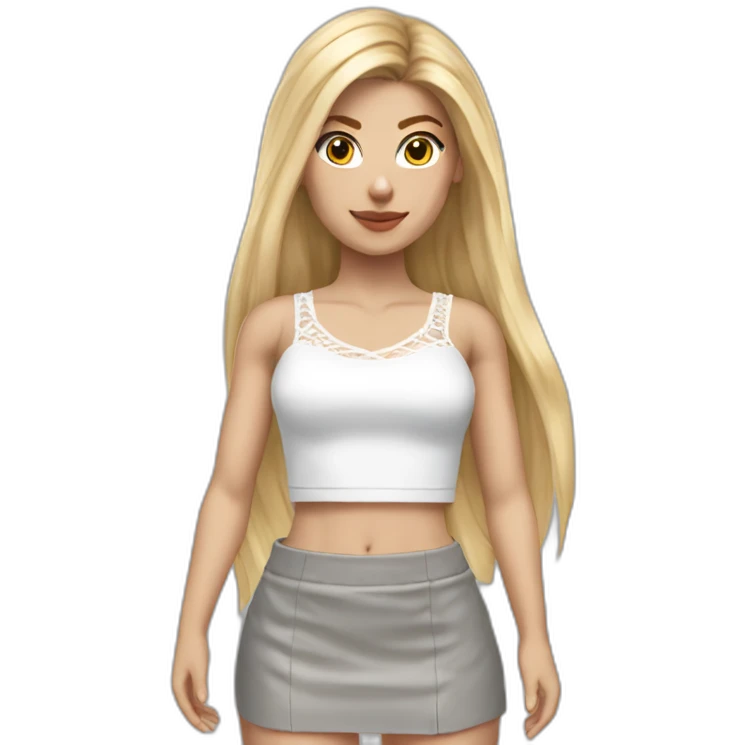 hyperrealistic caucasian female, long straight blonde hair, white lace up crop top, grey mini skirt, body view emoji