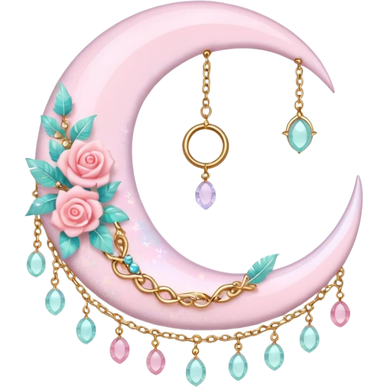Rosy shiny glossy sparkly romantic pastel crescent damask moon with rose quartz pastel vines pastel gems pastel beads with feathers and chains  emoji