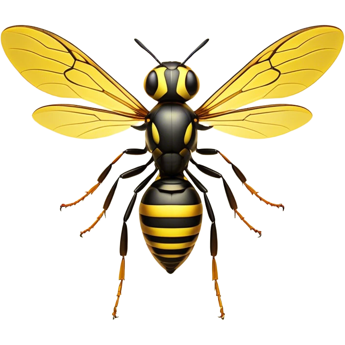 Cinematic Noble Wasp Portrait Emoji, Poised and formidable, with a sleek, slender body in bold yellow and black hues, angular, translucent wings and sharp, focused eyes exuding determined intensity, Simplified yet strikingly defined features, highly detailed, glowing with a cool, assertive radiance, high shine, intelligent and vigilant, stylized with an air of natural precision, focused and alert, soft glowing outline, capturing the essence of a watchful wasp that appears ready to buzz out of the screen with commanding presence! emoji