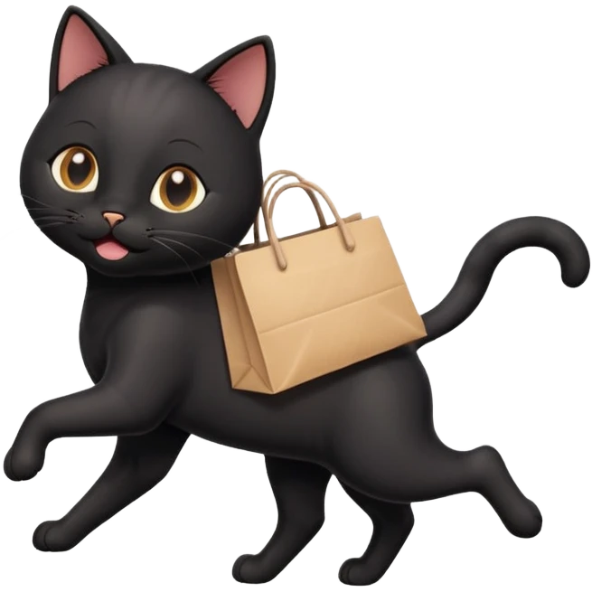 A cute black cat emoji in Apple-style, shown in side view like 🏃, running on four legs with a shopping bag in its mouth. Smooth gradients, soft shading, rounded features, and cheerful mood. emoji