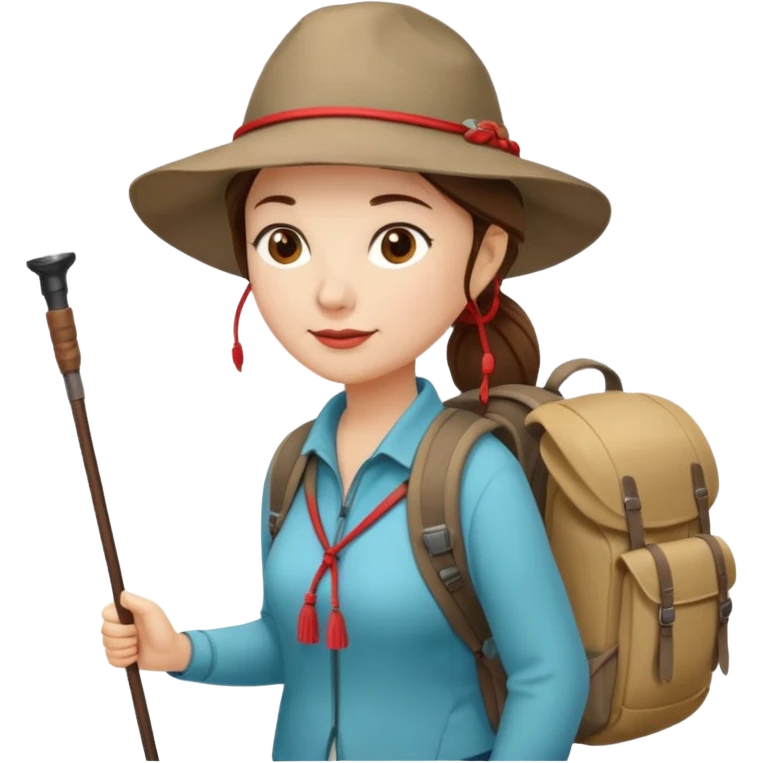 Middle aged women, long brown ponytail with wide brim hiking hat. With backpack and trekking poles. Backpack has a scallop shell with the cross of saint james hanging from it.  Remove the cross and add a scallop shell on a red string hanging from the backpack  emoji