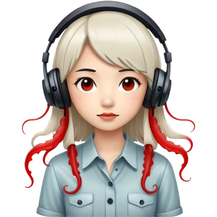 Pale Asian girl with a long black jellyfish cut with red highlights and wearing a button up shirt and headphones  emoji