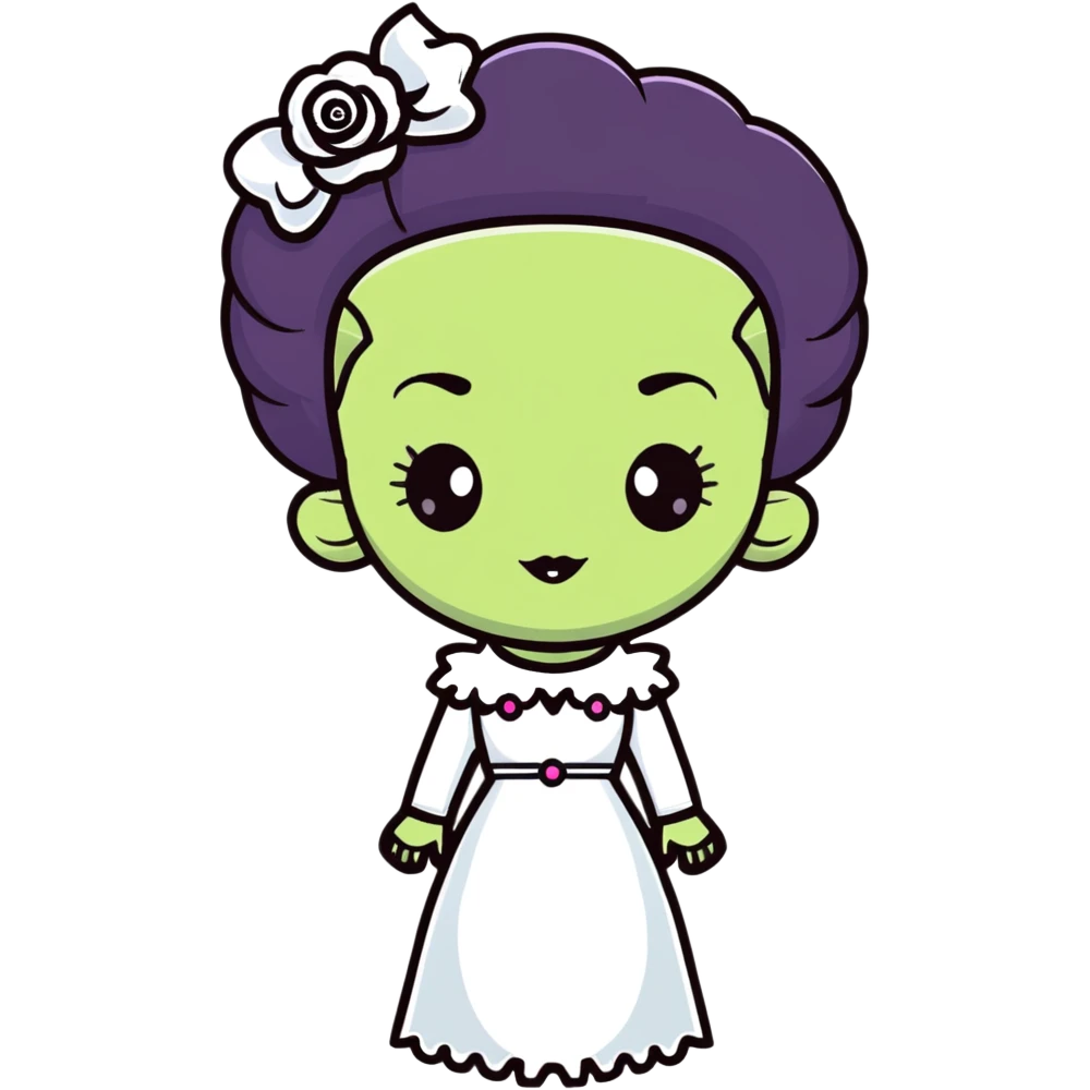 kawaii Bride of Frankenstein with rosy cheeks and adorable stitches emoji