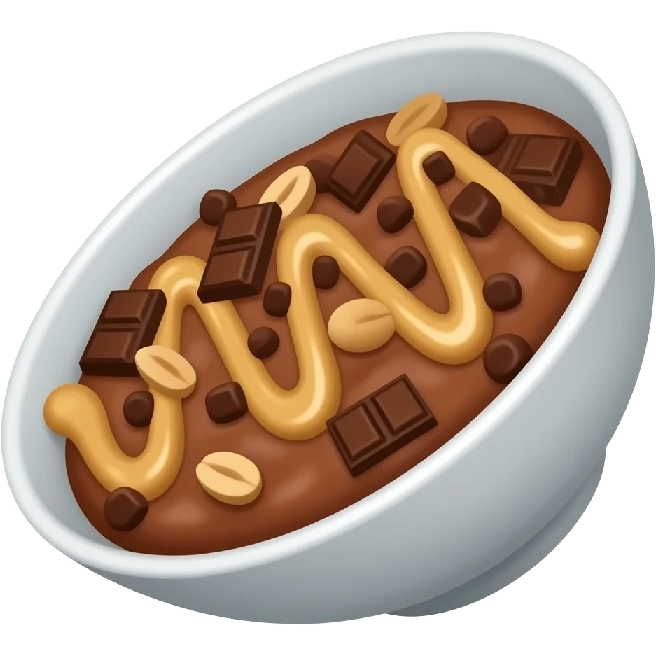 Crea un cuenco de pie, de gachas de chocolate con trozitos de chocolate por encimacon y crema de cacahuete esparcida en zigzag y el cuenco este de lado emoji