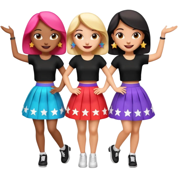 Three 3D cartoon women dancing in colorful skirts and black tops with stars, cheerful expressions, bright background, Memoji-style rendering. emoji