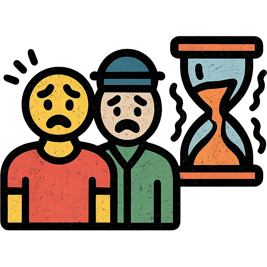 ultra-minimalist icon of two simple figures representing player and GM side by side, trembling clock or hourglass, extremely worn and eroded texture, anxious and stressed expressions, sense of terror emoji