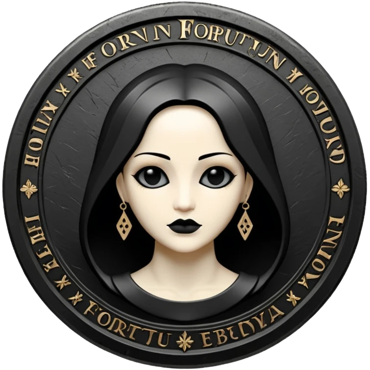 Emoji style, luxury gothic coin made of blackened metal, “FORTUNA” engraved in refined fashion typography, heavy sculptural form, subtle worn metal texture, avant-garde editorial aesthetic, no glow, no neon, flat emoji design, centered, transparent background emoji